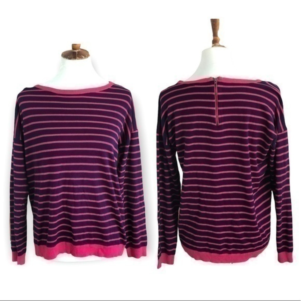 Spence Knits blue and red lightweight sweater top with zipper on back